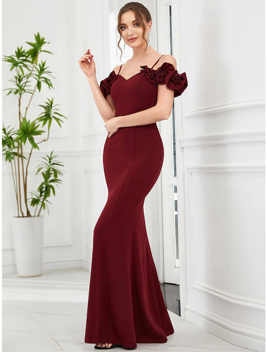 Mermaid / Trumpet Evening Gown Vintage Dress Engagement Wedding Party Floor Length Sleeveless Off Shoulder Polyester with Ruffles