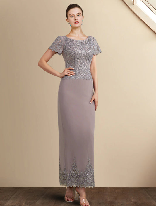 Sheath / Column Mother of the Bride Dress Elegant Jewel Neck Ankle Length Chiffon Lace Short Sleeve with Appliques