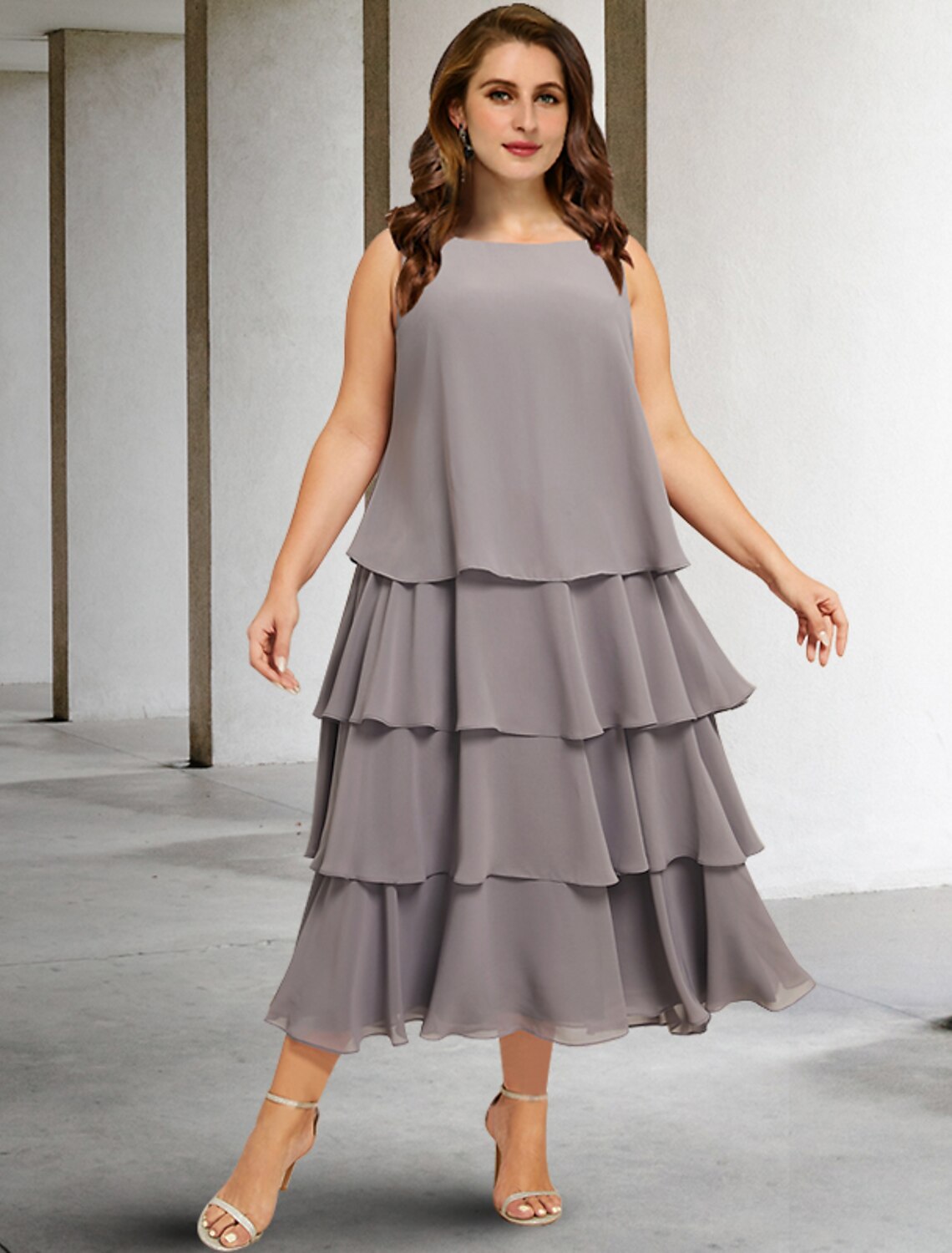 Two Piece A-Line Mother of the Bride Dresses Plus Size Hide Belly Curve Elegant Dress Formal Tea Length Sleeveless Jewel Neck Chiffon with Ruffles Appliques