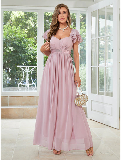 A-Line Wedding Guest Dresses Elegant Dress Party Wear Wedding Party Floor Length Short Sleeve Square Neck Chiffon with Ruffles