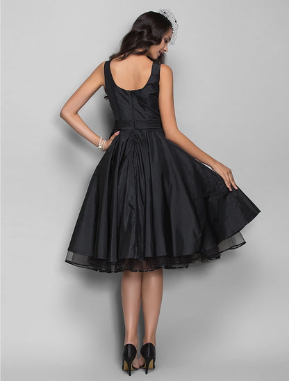 A-Line Cocktail Black Dress Vintage Dress Halloween Wedding Guest Knee Length Sleeveless V Neck Taffeta with Pleats Crystals