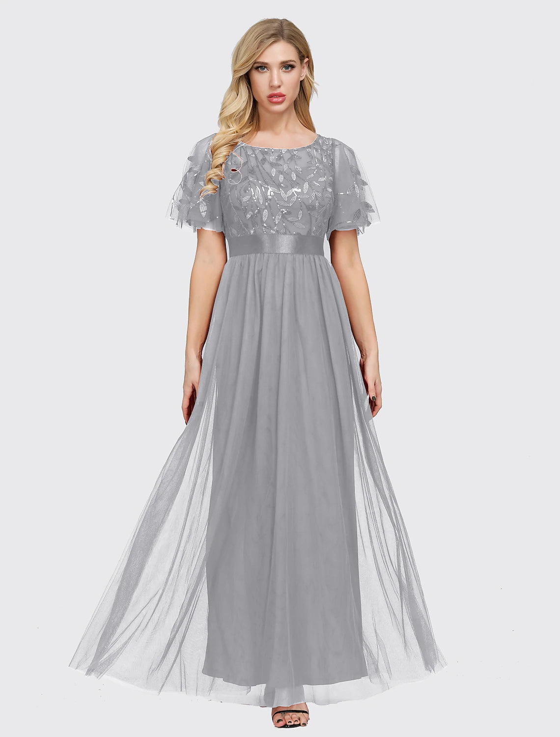 A-Line Empire Elegant Party Wear Prom Dress Jewel Neck Short Sleeve Floor Length Tulle with Embroidery