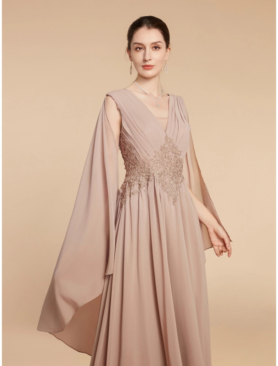 A-Line Mother of the Bride Dress Wedding Guest Elegant V Neck Ankle Length Chiffon Lace Sleeveless with Ruching Solid Color