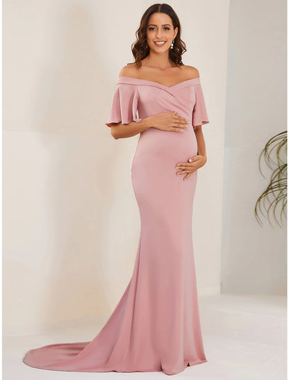 Mermaid / Trumpet Maternity Dresses Maternity Dress Formal Wedding Party Court Train Short Sleeve Off Shoulder Stretch Fabric with Ruched