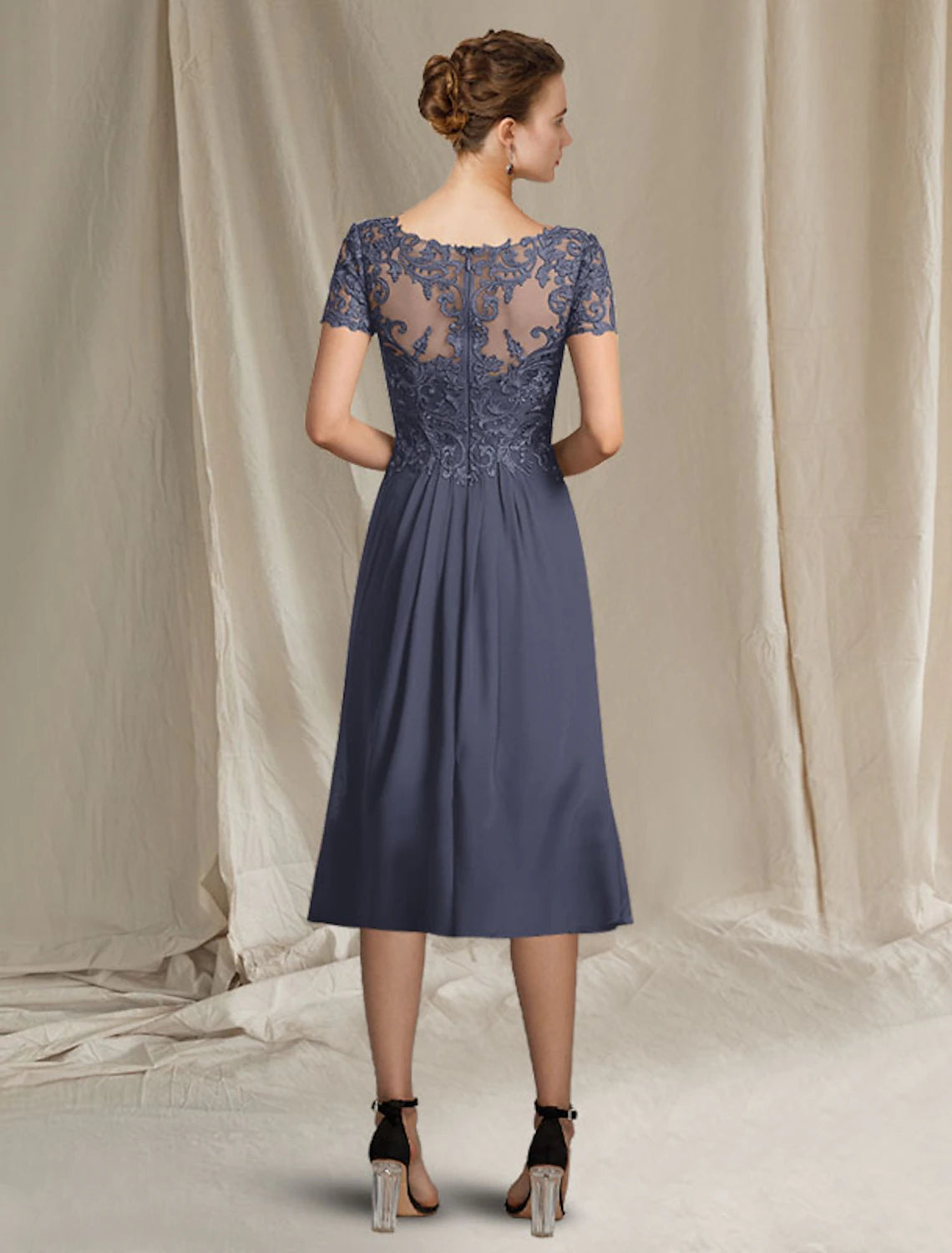 A-Line Mother of the Bride Dress Plus Size Elegant V Neck Tea Length Chiffon Lace Short Sleeve with Pleats Appliques