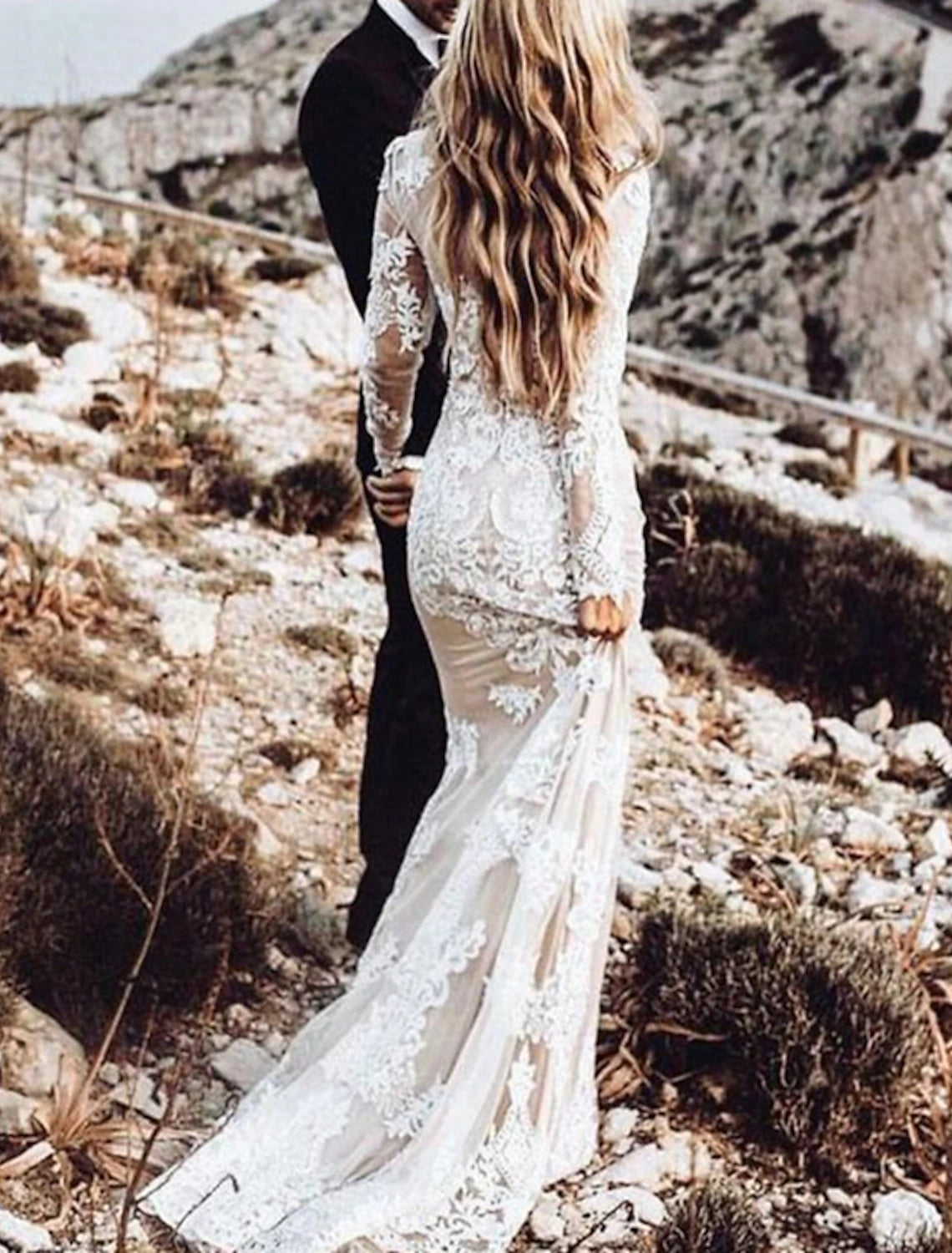 Beach Wedding Dresses in Color Boho Wedding Dresses Mermaid / Trumpet Scoop Neck Long Sleeve Court Train Lace Outdoor Bridal Gowns With Appliques