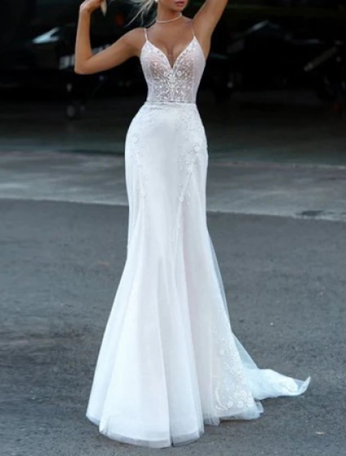 Engagement Formal Wedding Dresses Mermaid / Trumpet Sweetheart Camisole Spaghetti Strap Court Train Satin Bridal Gowns With Appliques Solid Color