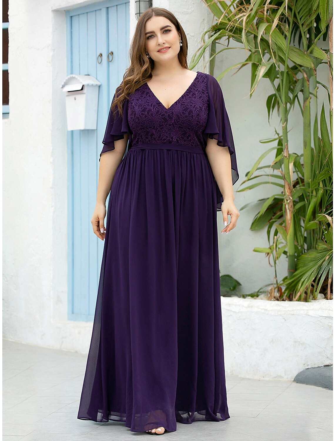 A-Line Mother of the Bride Dress Plus Size Elegant V Neck Floor Length Chiffon Tulle Half Sleeve with Sash / Ribbon