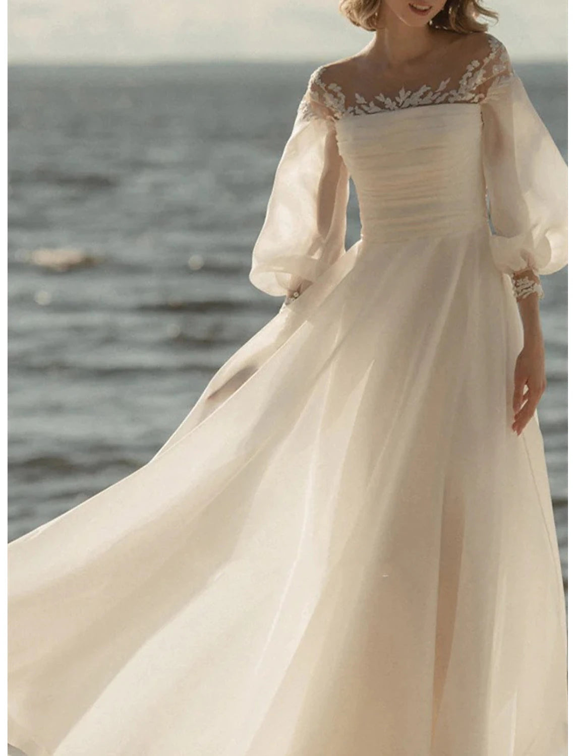 Beach Vintage Wedding Dresses A-Line Off Shoulder 3/4 Length Sleeve Court Train Chiffon Bridal Gowns With Bow(s) Ruched