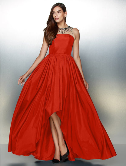 A-Line Elegant High Low Prom Formal Evening Dress Illusion Neck Sleeveless Asymmetrical Taffeta with Pleats Beading