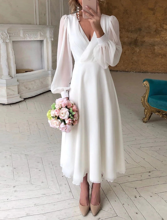 Reception Little White Dresses Simple Wedding Dresses A-Line V Neck Long Sleeve Ankle Length Chiffon Bridal Gowns With Solid Color