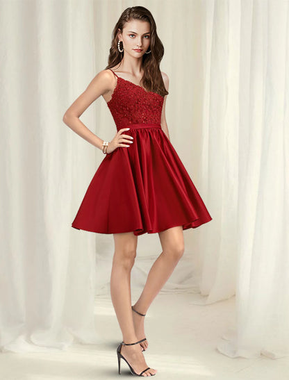 A-Line Prom Dresses Minimalist Dress Homecoming Party Wear Short / Mini Sleeveless Spaghetti Strap Satin with Pleats