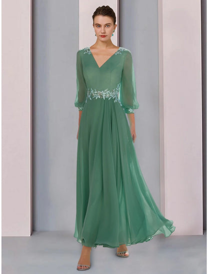 A-Line Mother of the Bride Dress Wedding Guest Elegant V Neck Ankle Length Chiffon Lace 3/4 Length Sleeve with Ruching Solid Color