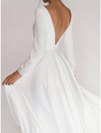 Bridal Shower Casual Wedding Dresses Little White Dresses A-Line Square Neck Long Sleeve Ankle Length Chiffon Bridal Gowns With Pleats Summer Fall Wedding Party