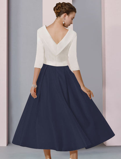 A-Line Mother of the Bride Dress Wedding Guest Elegant Scoop Neck Tea Length Satin Half Sleeve with Pleats Crystal Brooch