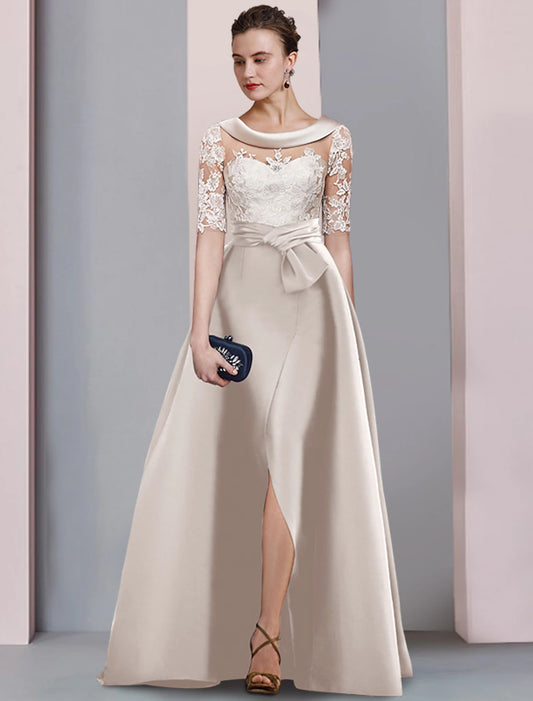 A-Line Mother of the Bride Dress Wedding Guest Elegant Scoop Neck Floor Length Satin Lace Half Sleeve with Bow(s) Appliques Split