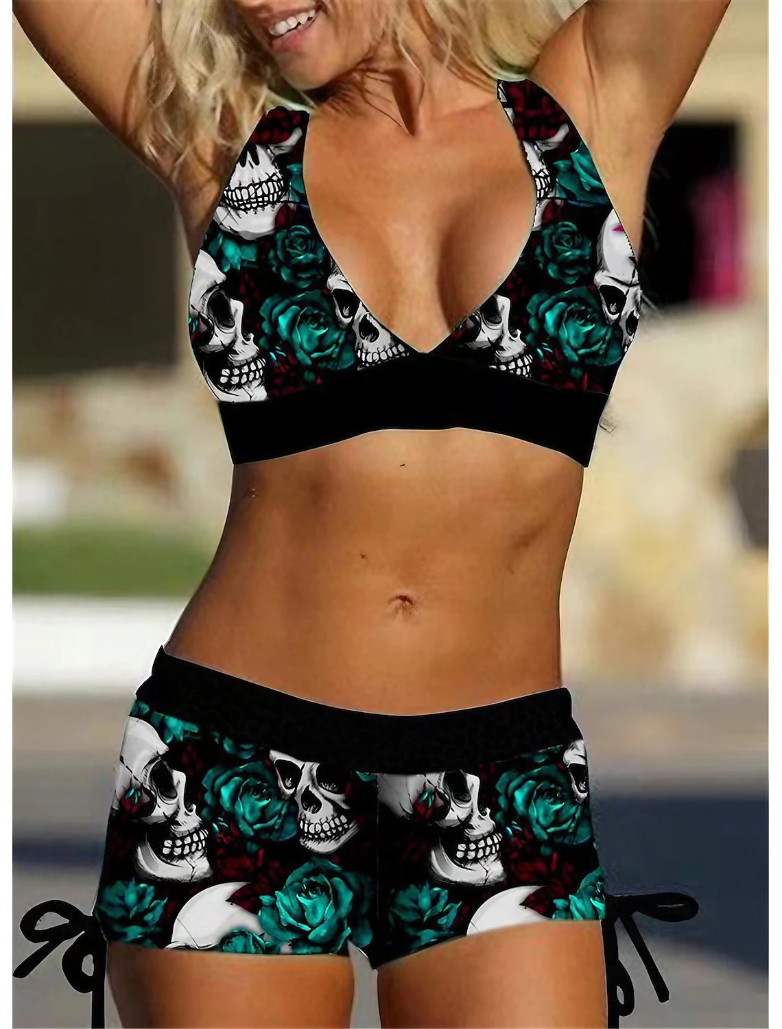 Women's Plus Size Swimwear Bikini 2 Piece Swimsuit Open Back Sexy Printing High Waisted for Big Busts Skull V Wire Vacation Fashion Bathing Suits