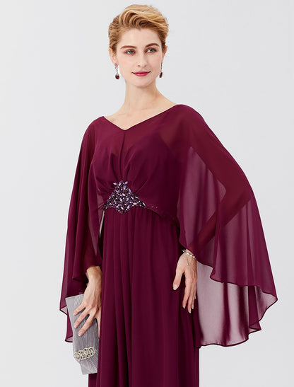 Sheath / Column Mother of the Bride Dress Formal Classic & Timeless Elegant & Luxurious Elegant V Neck Floor Length Chiffon Long Sleeve with Pleats Beading