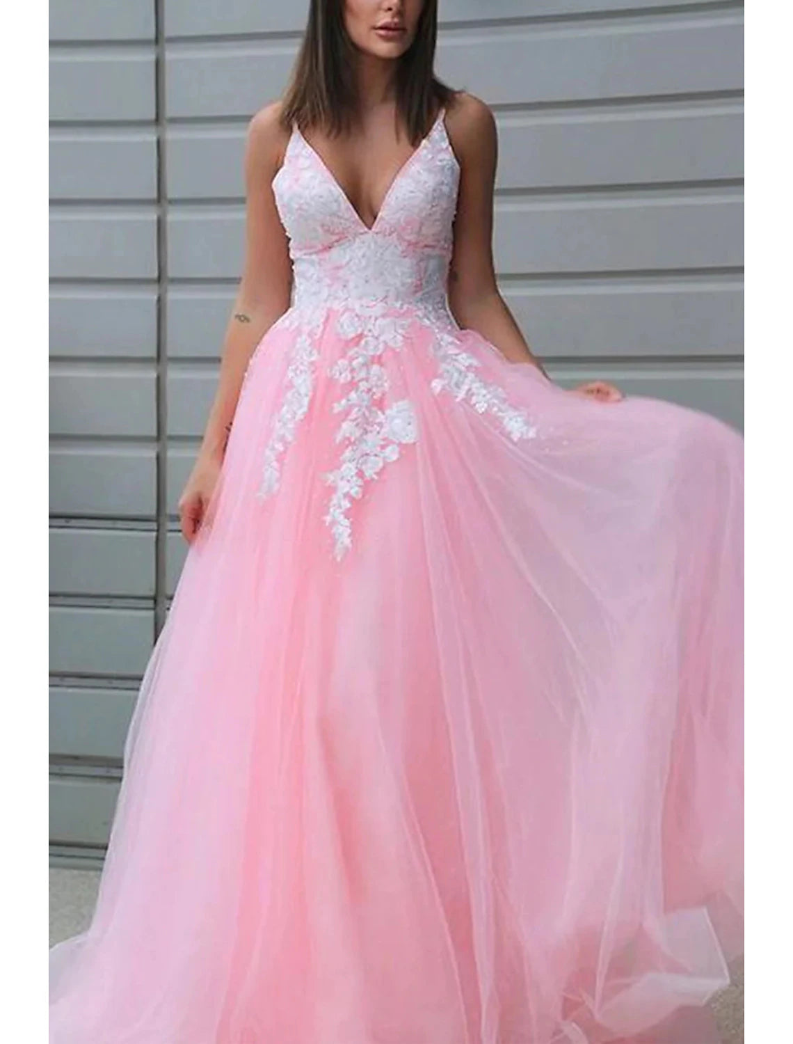 A-Line Prom Dresses Princess Dress Formal Wedding Party Floor Length Sleeveless V Neck Tulle with Pleats Appliques