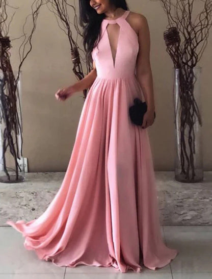 A-Line Prom Dresses Maxi Dress Evening Party Prom Floor Length Sleeveless Halter Neck Stretch Fabric Backless with Pleats