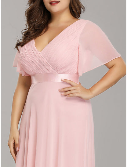 A-Line Mother of the Bride Dress Plus Size Elegant V Neck Floor Length Chiffon Short Sleeve with Sash / Ribbon Ruching