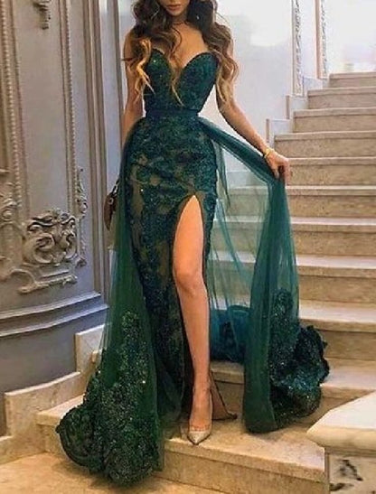 Mermaid / Trumpet Prom Dresses Emerald Green Dress Christmas Formal Evening Court Train Sleeveless Strapless Tulle with Slit Appliques