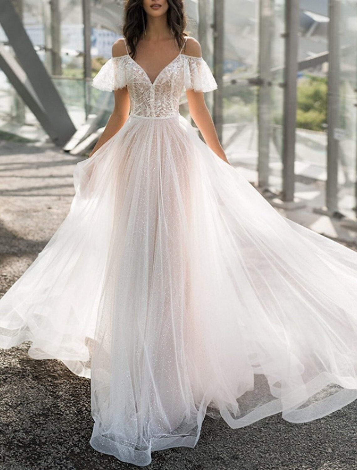 Formal Wedding Dresses A-Line V Neck Short Sleeve Sweep / Brush Train Tulle Bridal Gowns With Pleats Solid Color