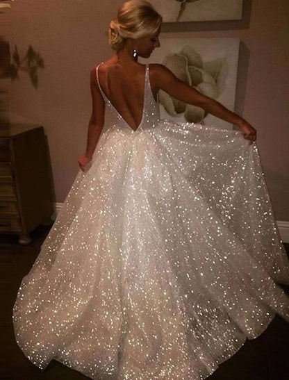 Ball Gown Evening Gown Glittering Dress Wedding Wedding Party Floor Length Sleeveless V Neck Fall Wedding Reception Tulle with Ruched