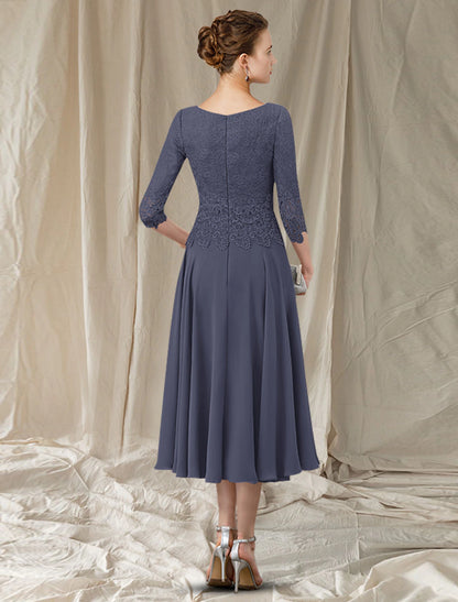 A-Line Mother of the Bride Dress Elegant Jewel Neck Tea Length Chiffon Lace 3/4 Length Sleeve with Pleats Appliques