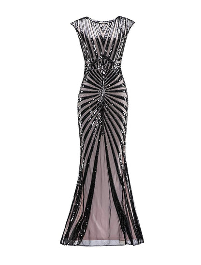 Mermaid / Trumpet Elegant Vintage Inspired Formal Evening Party Dress Jewel Neck V Back Sleeveless Floor Length Polyester with Beading Sequin