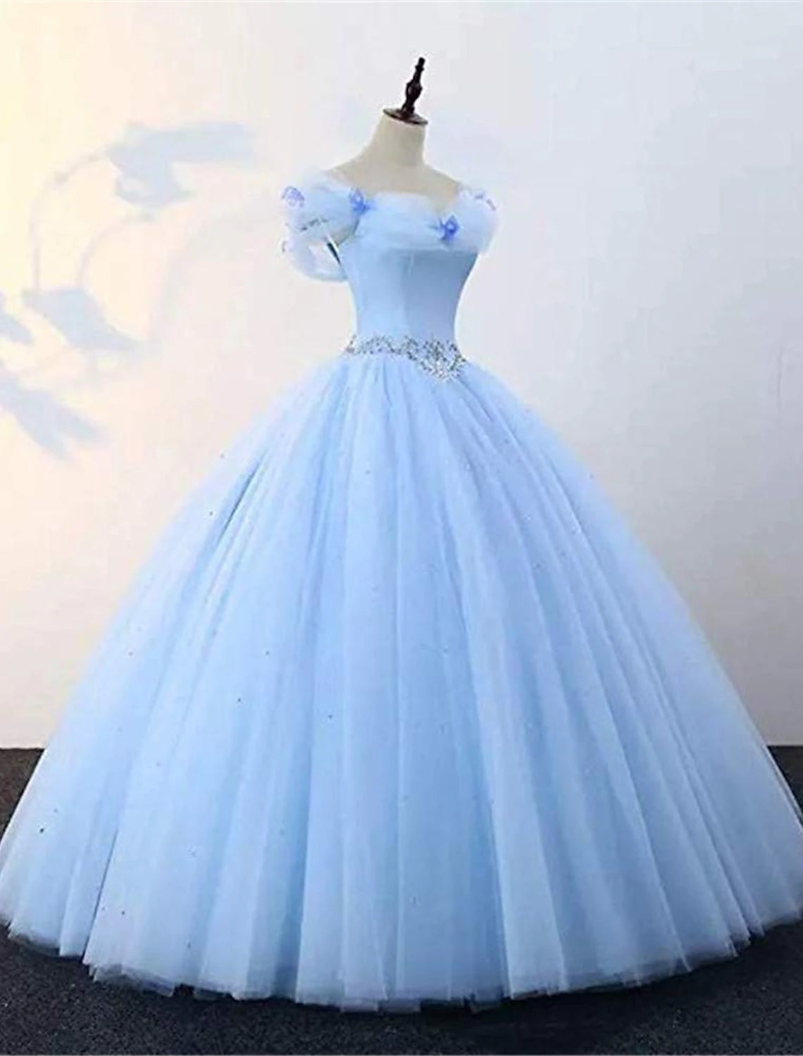 Ball Gown Prom Dresses Princess Dress Graduation Quinceanera Floor Length Sleeveless Off Shoulder Tulle with Pearls Beading Butterfly