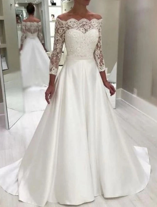 Engagement Formal Fall Wedding Dresses Ball Gown Off Shoulder Long Sleeve Court Train Satin Bridal Gowns With Beading Appliques Summer Wedding Party