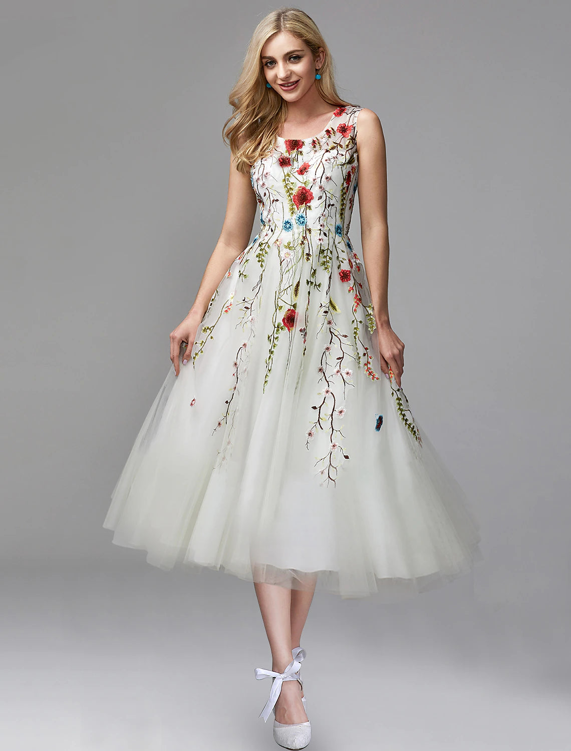 A-Line Prom Dresses Floral Dress Engagement Formal Evening Tea Length Sleeveless Jewel Neck Chiffon with Lace Insert Appliques