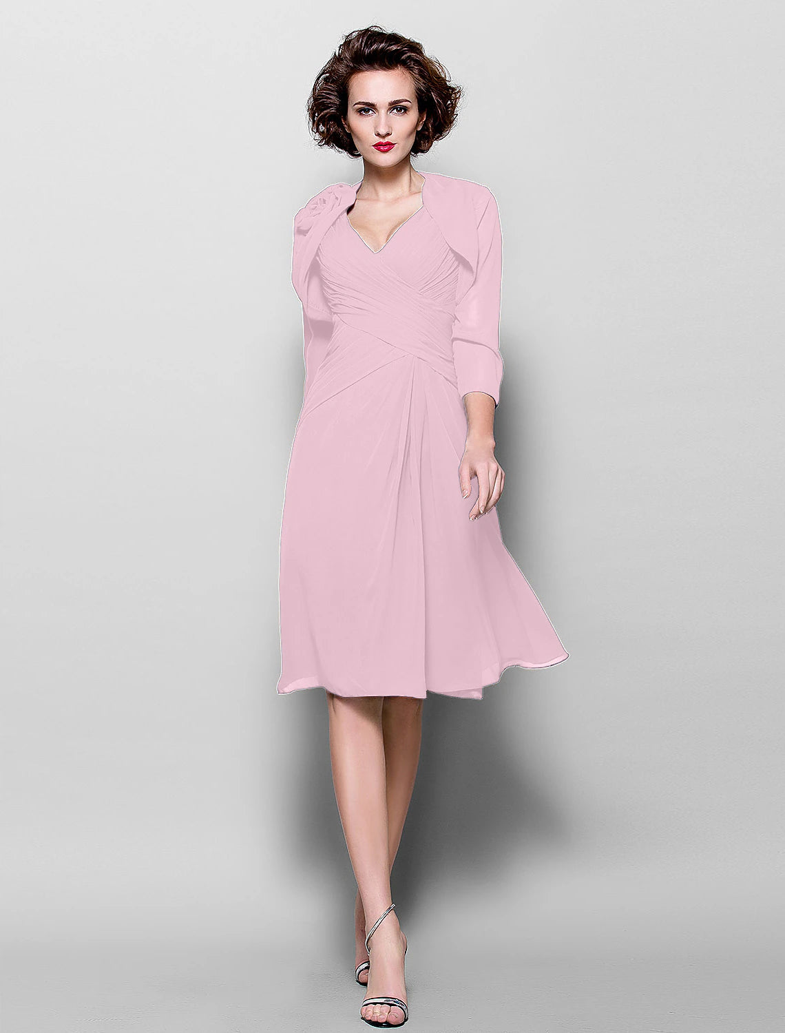 A-Line Mother of the Bride Dress Wrap Included V Neck Knee Length Chiffon 3/4 Length Sleeve with Criss Cross Side Draping Flower