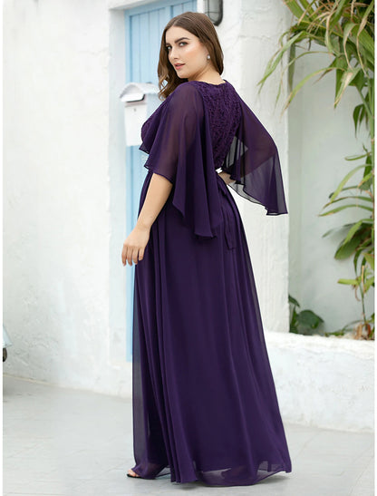 A-Line Mother of the Bride Dress Plus Size Elegant V Neck Floor Length Chiffon Tulle Half Sleeve with Sash / Ribbon