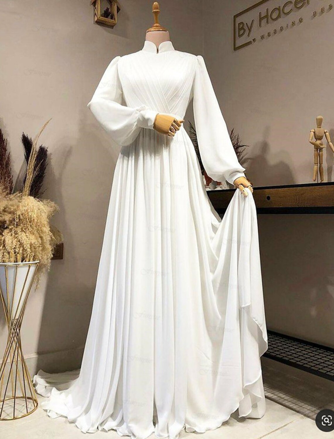 Hall Vintage 1940s / 1950s Casual Wedding Dresses A-Line High Neck Long Sleeve Court Train Chiffon Bridal Gowns With Pleats