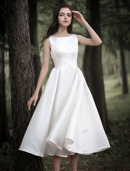 Reception Little White Dresses Wedding Dresses A-Line Scoop Neck Sleeveless Tea Length Satin Bridal Gowns With Solid