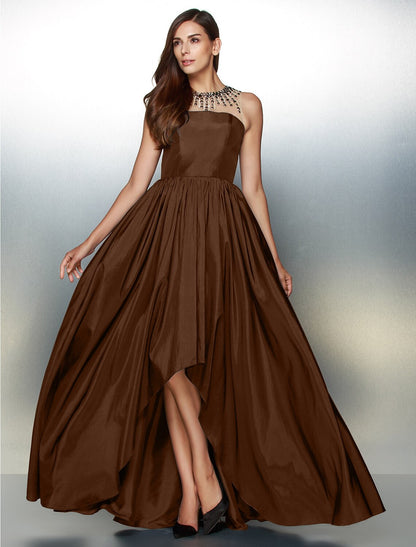 A-Line Elegant High Low Prom Formal Evening Dress Illusion Neck Sleeveless Asymmetrical Taffeta with Pleats Beading