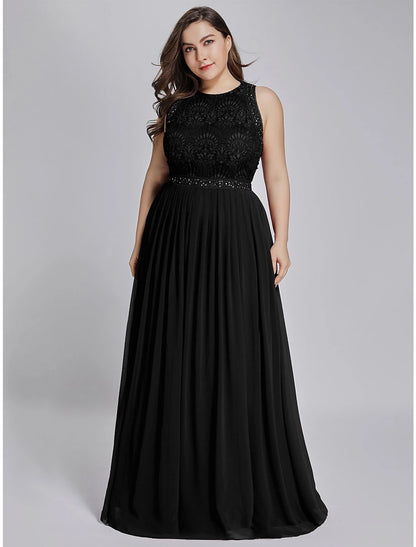 A-Line Prom Dresses Elegant & Luxurious Dress Wedding Guest Prom Floor Length Sleeveless Jewel Neck Chiffon with Crystals