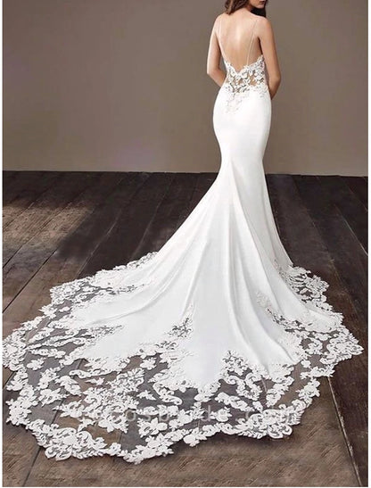 Engagement Open Back Sexy Formal Wedding Dresses Mermaid / Trumpet Sweetheart Camisole Spaghetti Strap Court Train Lace Bridal Gowns With Lace Appliques