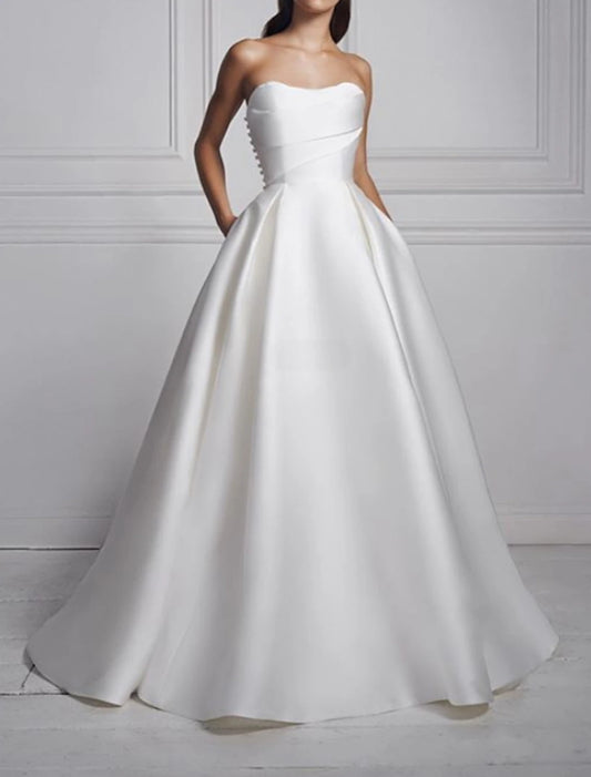 Hall Casual Wedding Dresses A-Line Sweetheart Strapless Sweep / Brush Train Satin Bridal Gowns With