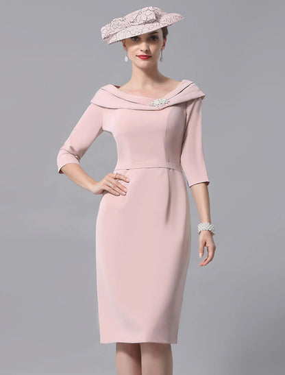 Sheath / Column Mother of the Bride Dress Vintage Plus Size Elegant Scoop Neck Knee Length Jersey 3/4 Length Sleeve with Beading Crystal Brooch