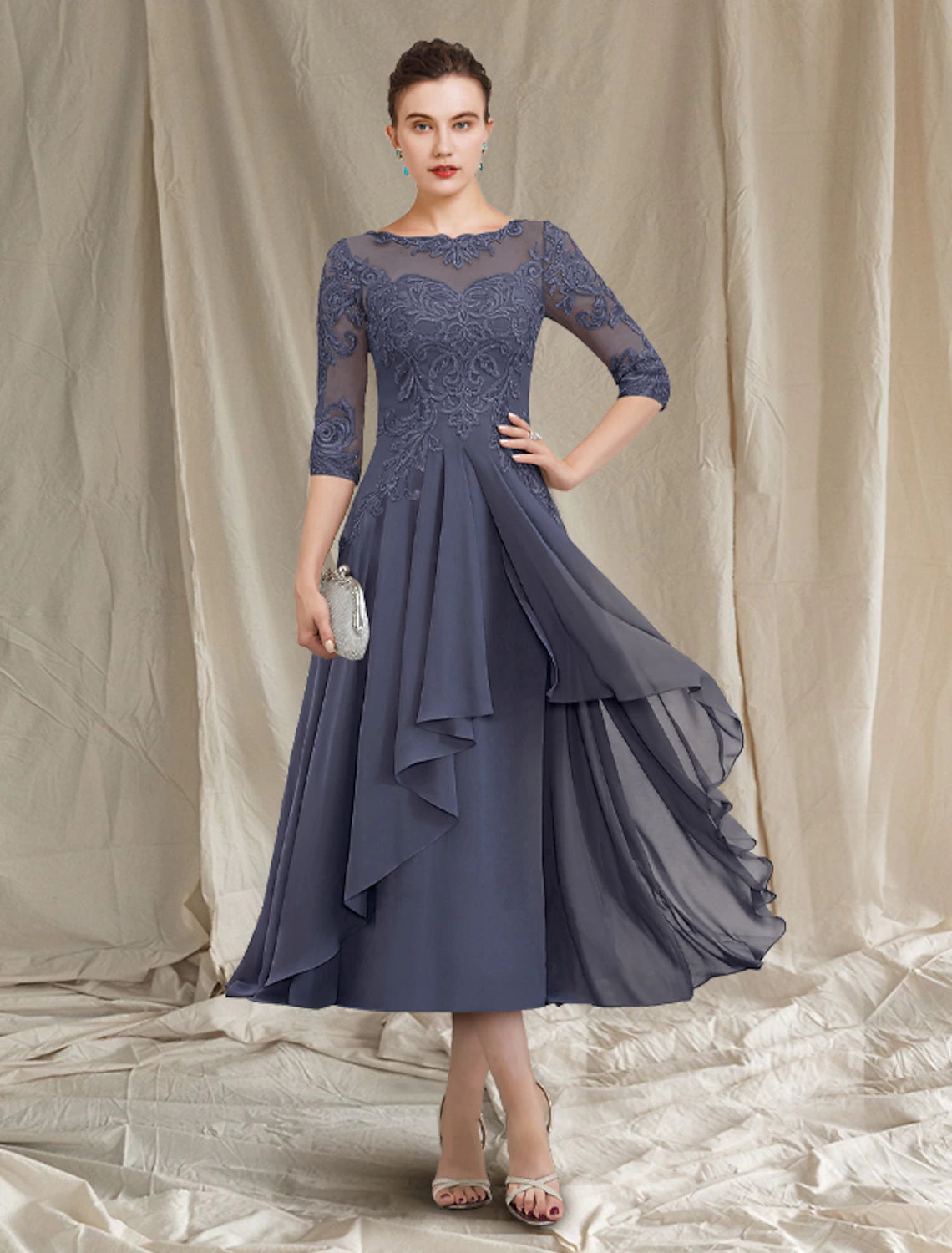 A-Line Mother of the Bride Dress Elegant Jewel Neck Tea Length Chiffon Lace 3/4 Length Sleeve with Pleats Appliques