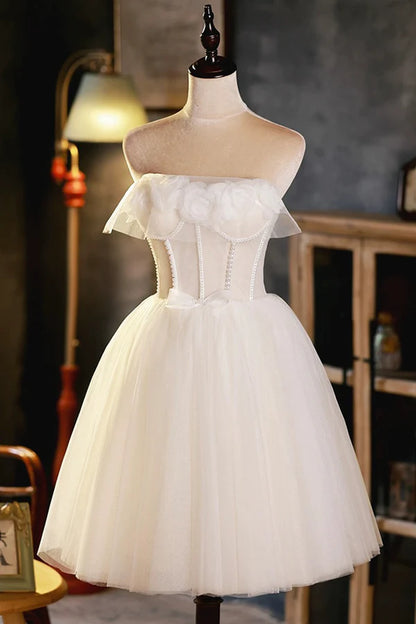 Light Champagne Strapless Tulle Short Prom Dress with 3D Flowers Cute A-Line Party Dress