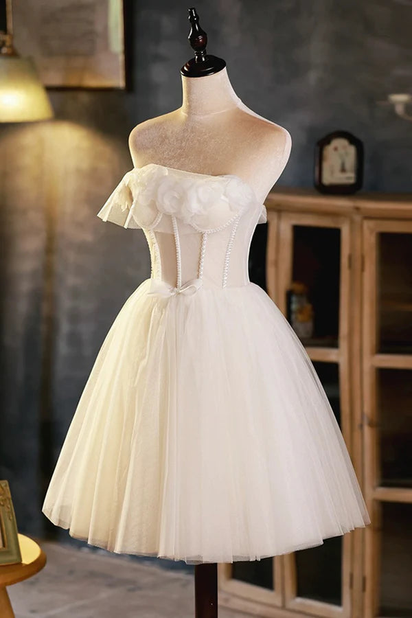 Light Champagne Strapless Tulle Short Prom Dress with 3D Flowers Cute A-Line Party Dress