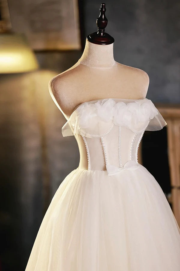 Light Champagne Strapless Tulle Short Prom Dress with 3D Flowers Cute A-Line Party Dress