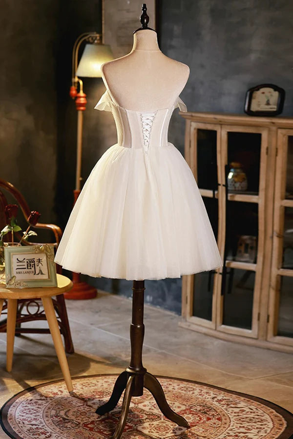 Light Champagne Strapless Tulle Short Prom Dress with 3D Flowers Cute A-Line Party Dress