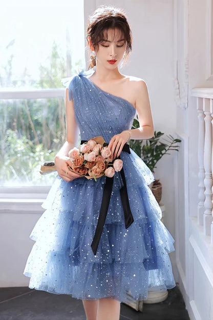 Blue Tulle Short Prom Dress One Shoulder Multi-Layers Blue Party Dress