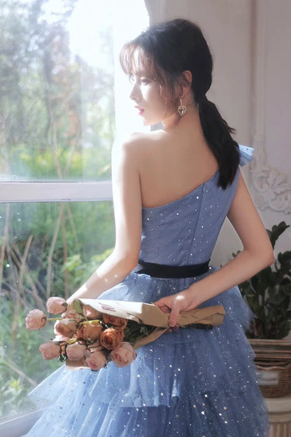 Blue Tulle Short Prom Dress One Shoulder Multi-Layers Blue Party Dress