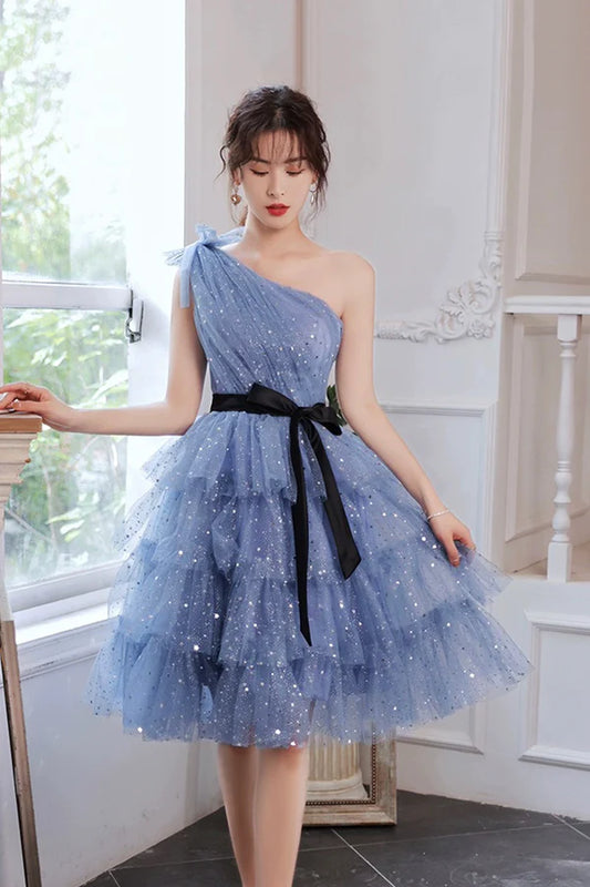 Blue Tulle Short Prom Dress One Shoulder Multi-Layers Blue Party Dress